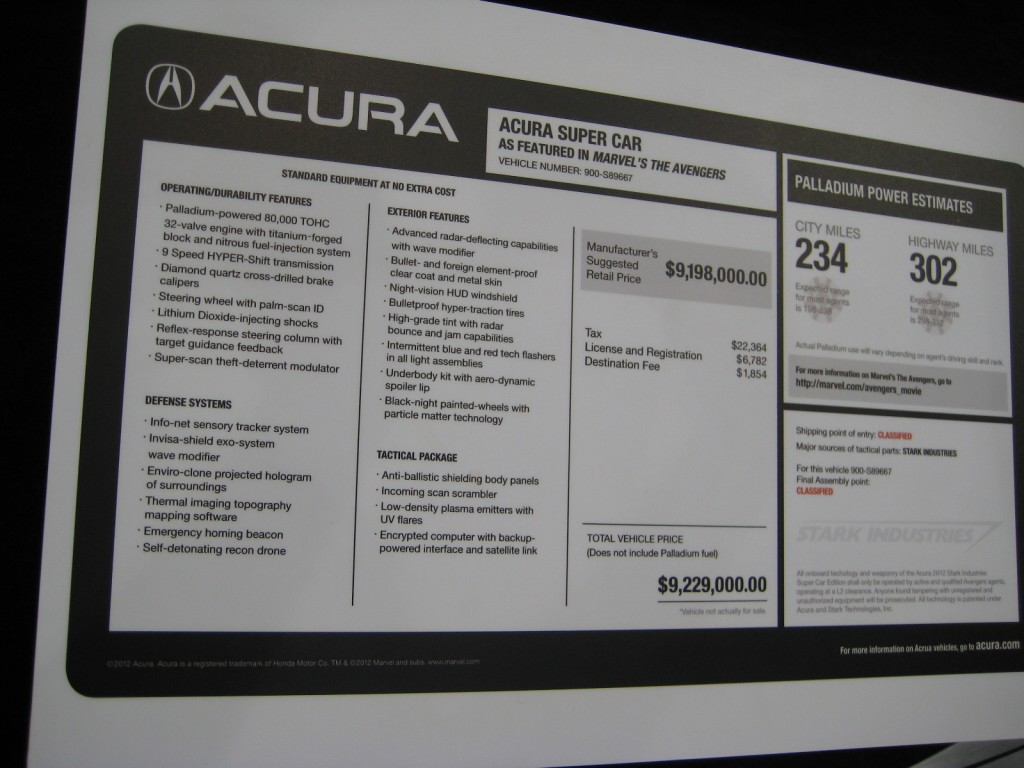 Acura Super Car as featured in Marvel's The Avengers sticker price Acura Super Car as featured in Marvel's The Avengers sticker price