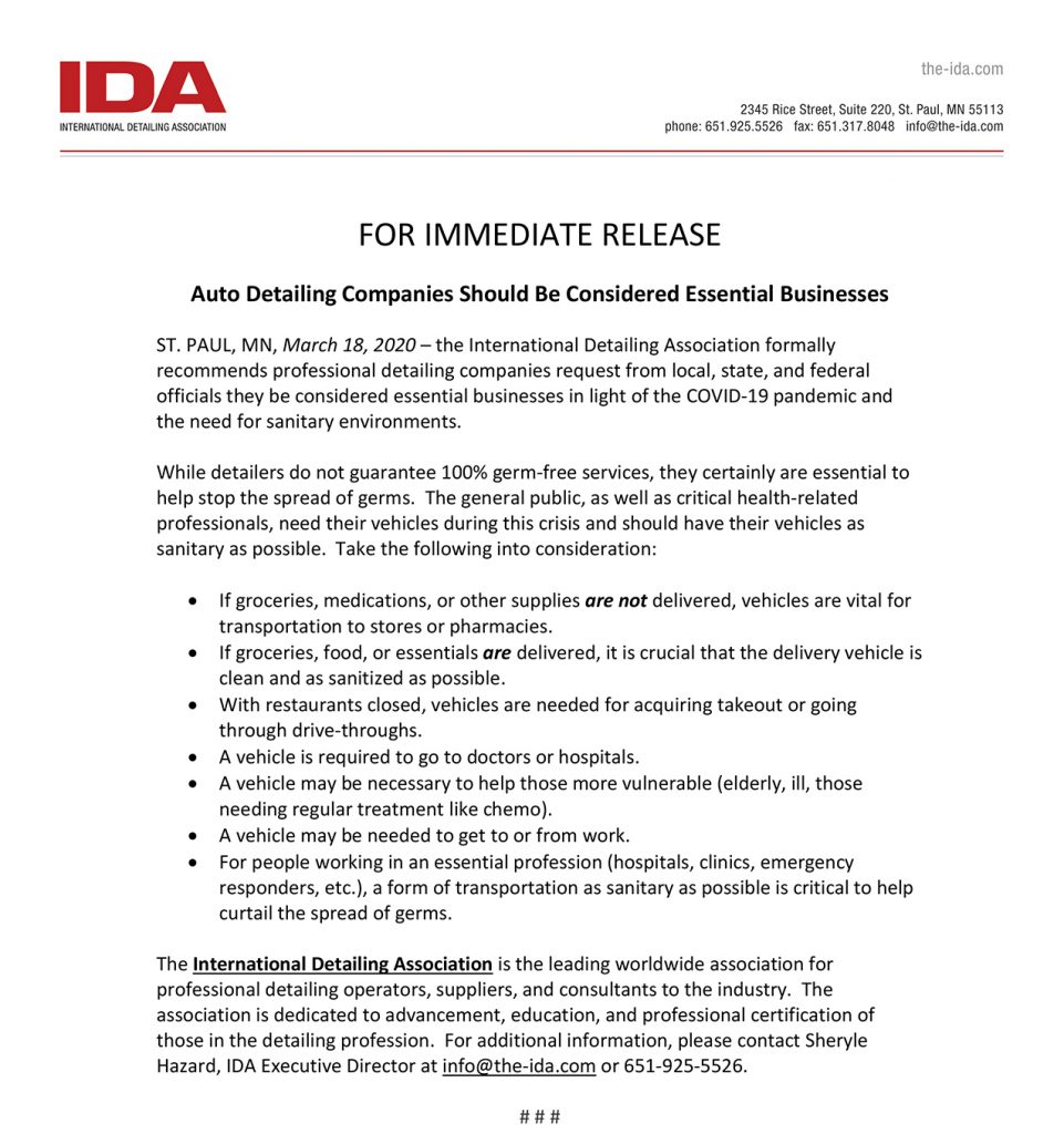 Internationl Detailing Association (IDA) Press Release 03-18-2020
