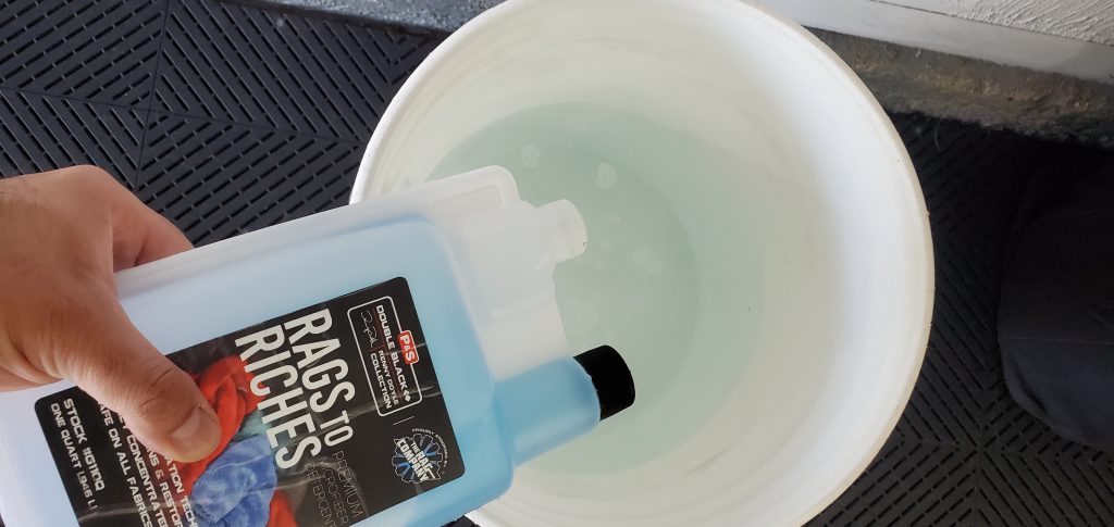 Use 2 oz of Rags to Riches in a bucket of warm water to soak towels after use during the coating process